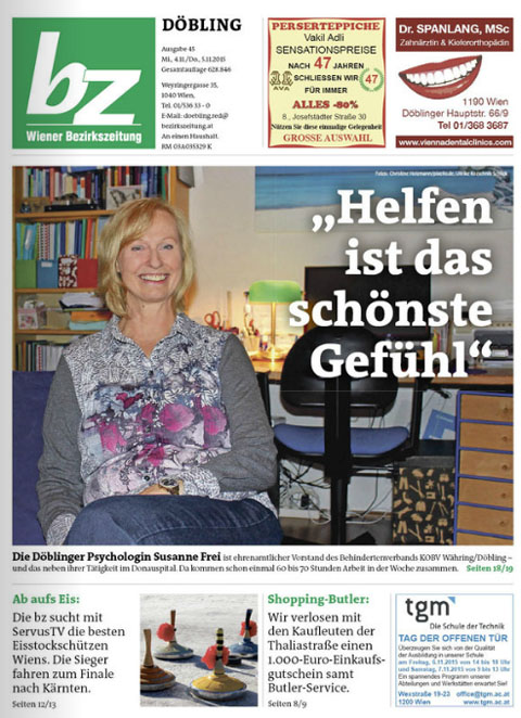 Bericht über unser Vorstandsmitglied Dr. Susanne Frei in der Wiener Bezirkszeitung Bericht über das Vorstandsmitglied des Behindertenverbandes Währing - Döbling Dr. Susanne Frei in der Wiener Bezirkszeitung